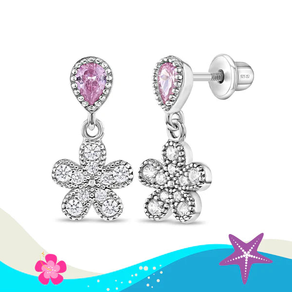 Groovy CZ Flower Dangle Girl Earrings